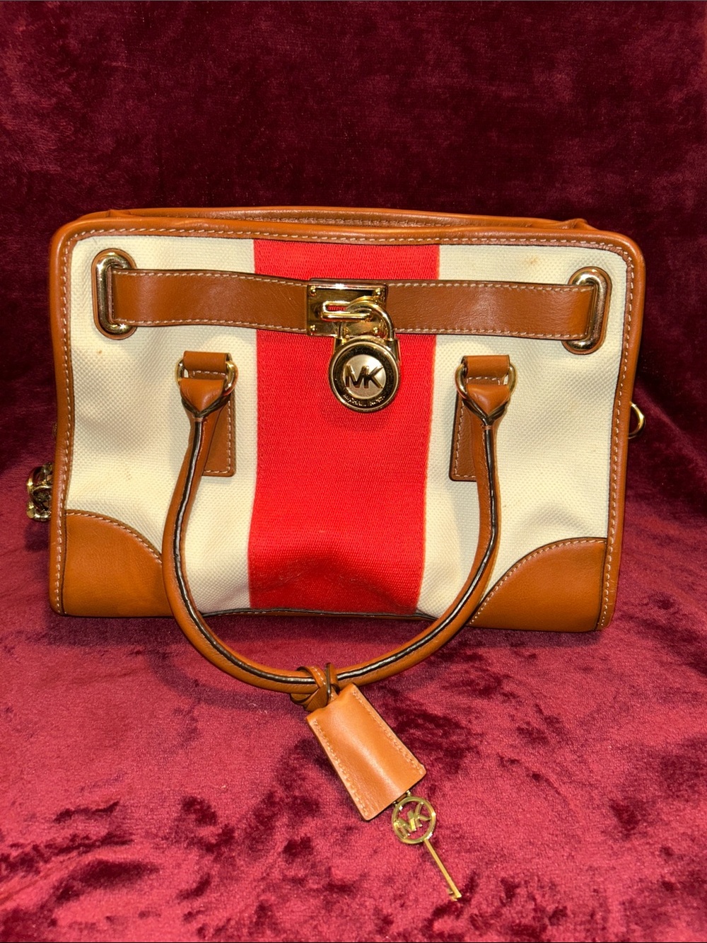 Michael Kors Hamilton Satchel Red and Cream with Tan Leather Trim